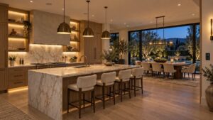 Open kitchen with layered under-cabinet and pendant lighting