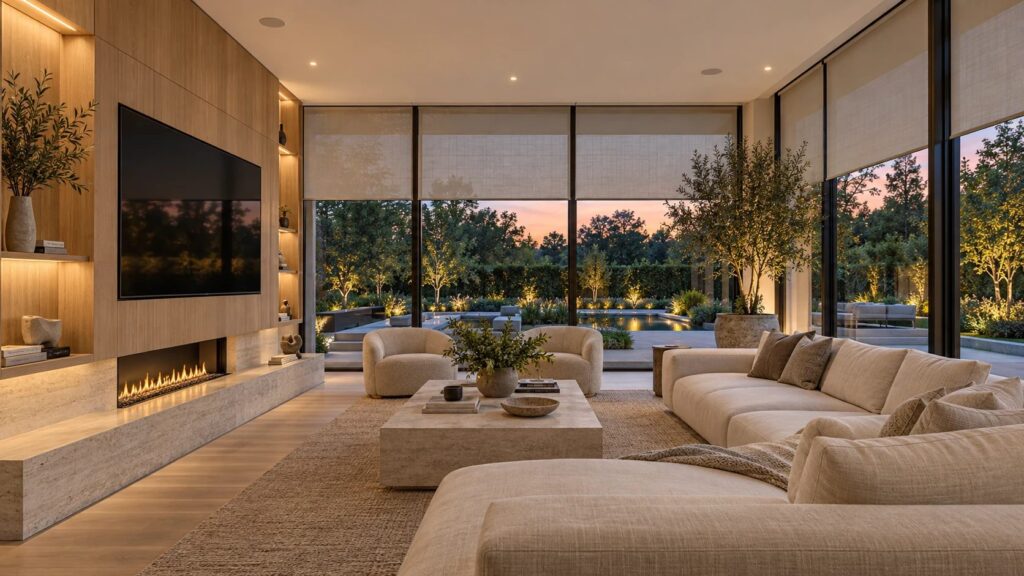 Great room with integrated TV wall and floor to ceiling windows at dusk