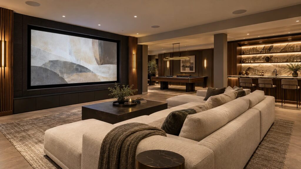 Lower level media room with large screen, sectional and wet bar