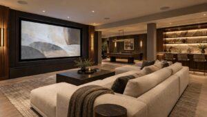 Lower level media room with large screen, sectional and wet bar